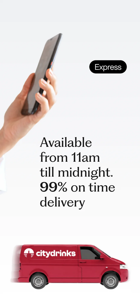 Um display de smartphone acima do texto das horas de entrega e uma van vermelha do CityDrinks.
