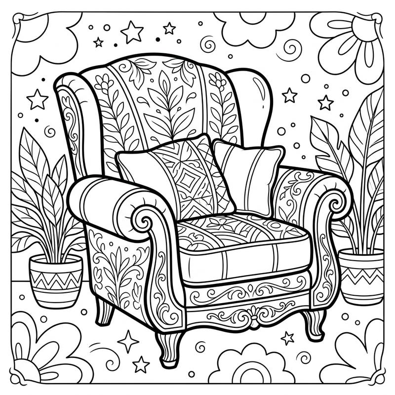 Invite your little one to explore their creativity with this delightful armchair coloring page, specially designed for toddlers. Its ultra-thick outlines and large areas make it perfect for developing fine motor skills and encouraging early artistic expression.