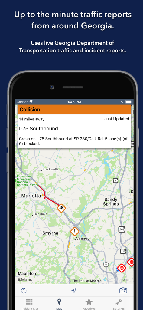 Aplicativo Estradas do Estado da Geórgia mostrando um relatório de colisão ao vivo na I-75 na área metropolitana de Atlanta