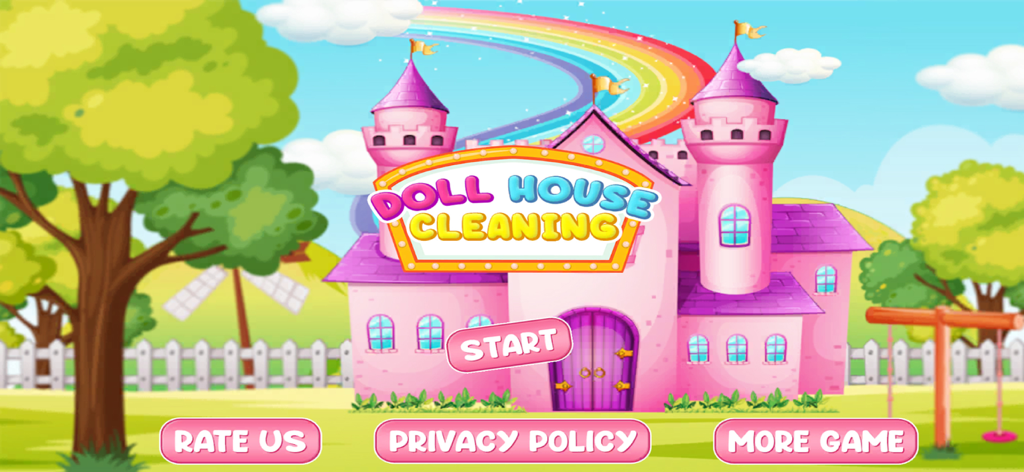 Doll Home: ASMR Cleaning Games - Main menu screen of Doll House Cleaning game featuring a pink castle under a rainbow