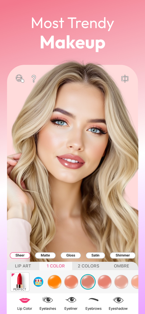YouCam Makeup app interface featuring virtual makeup filters and lip color editing tools