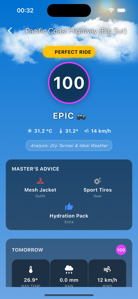 RideDay: Moto & Roads - Aplicativo RideDay exibindo uma pontuação perfeita de qualidade de pilotagem de 100 e conselhos de equipamentos para motociclistas