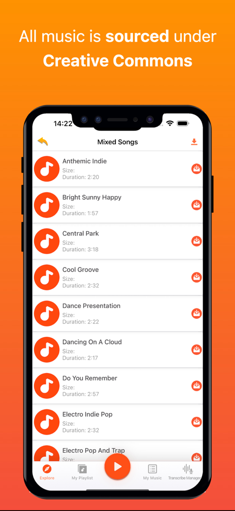 Mudify Archive: OFF MP3 Player - Mobile app interface displaying a list of Creative Commons music tracks available for download