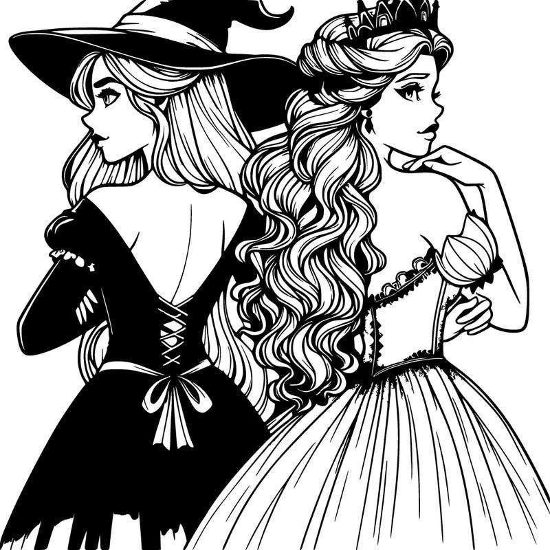 a witch and a princess back to back realistic