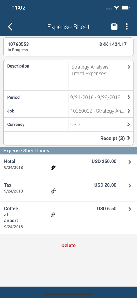 Mobile interface of Deltek Touch for Maconomy app displaying a travel expense sheet with hotel and taxi costs