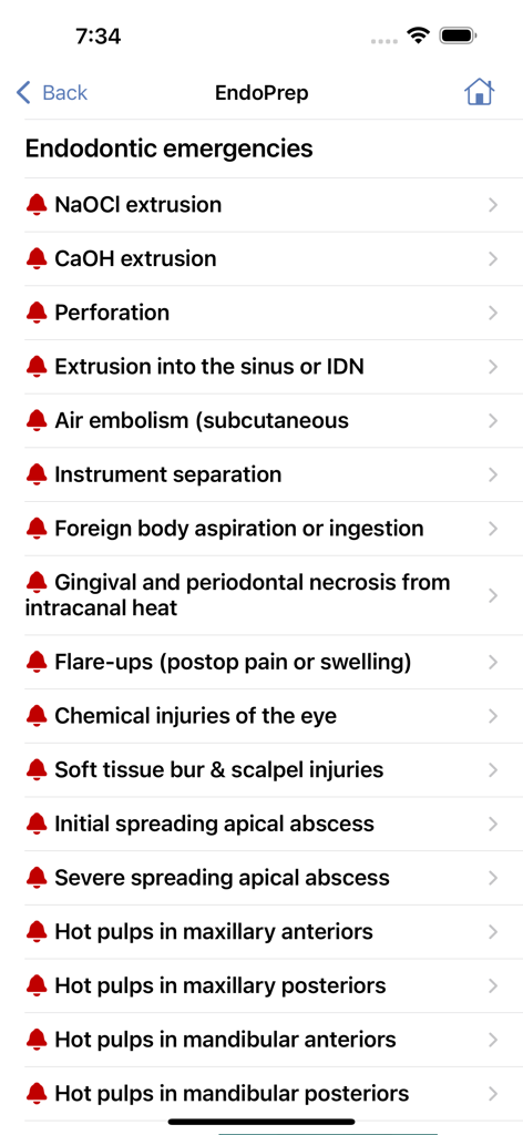 EndoPrep - EndoPrep app menu listing various endodontic emergencies for dental practice reference