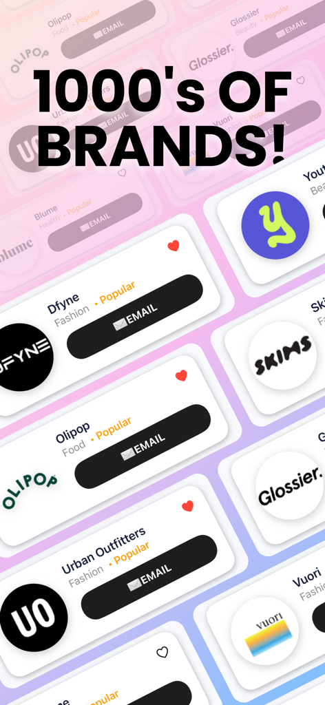 BRANDZ - PR Packages and UGC - PR問い合わせのための直接メール連絡先ボタンとともに、GlossierやUrban Outfittersのような人気ブランドのディレクトリを表示するモバイルインターフェース。
