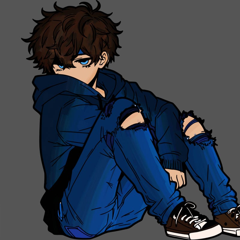 a male hoddie ripped jeans messy hair anime