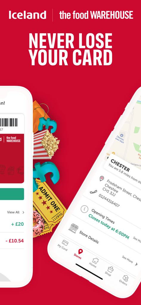 Iceland Bonus Card - L'application Carte Bonus Iceland affichant une carte de fidélité numérique et des informations sur les emplacements des magasins sur des smartphones avec un fond rouge.
