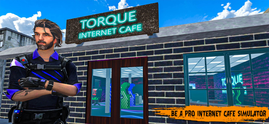 Un personaje masculino de pie frente a un cibercafé iluminado con neón con estaciones de juegos arcade visibles en el interior