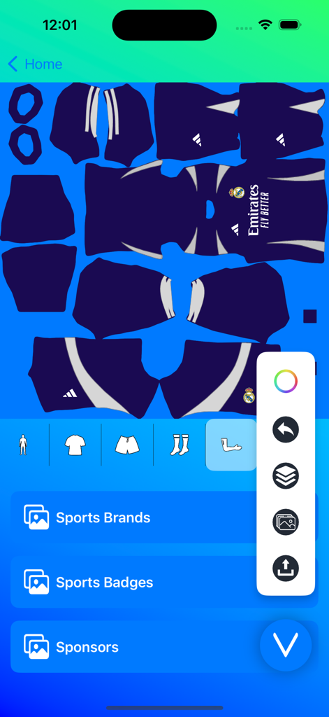 Mobile app interface showing a soccer kit design template with custom logos and sports brands