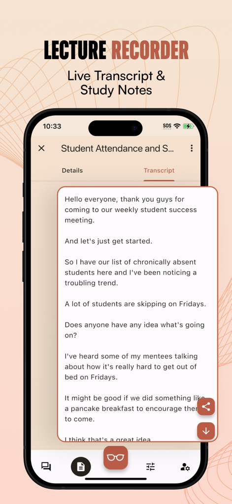 Hedy AIアプリは、学生の成功会議のライブ文字起こしを表示しています