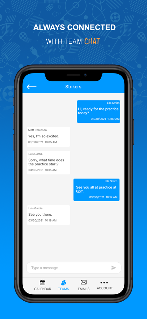TeamSideline App-Bildschirm, der einen Team-Chat zwischen Trainern und Eltern über ein Sporttraining zeigt