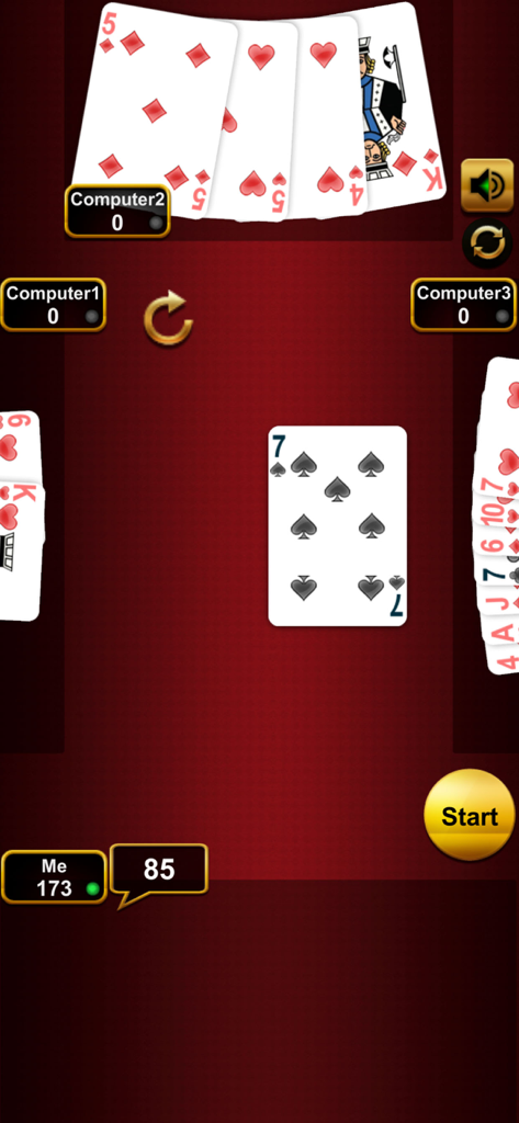 Crazy Eights Card Game Offline - クレイジーエイトカードゲームのゲームプレイ画面。赤いテーブルの背景に3人のコンピュータープレイヤーとの対戦が表示されています。