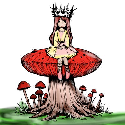 realistic girl sitting on a huge tree stump size toadstool with thorn crown