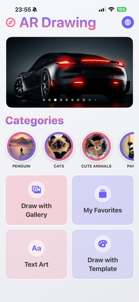AR Drawing _ Draw Sketch App - Écran d'accueil de l'application AR Drawing présentant des catégories de dessin comme des chats et des animaux mignons