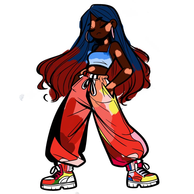 girl in baggy pants crop top and long hair