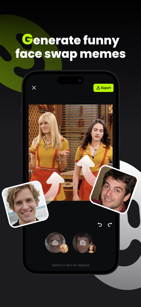 A smartphone screen displaying an AI face swap interface for creating funny memes