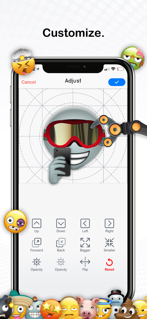 Moji Maker™ | Emoji Messenger - Interface of Moji Maker app showing tools to customize an emoji with ski goggles and a selfie phone