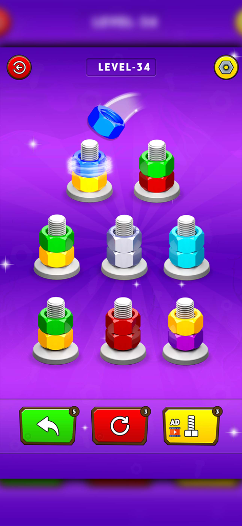 Gameplay screenshot of Nut Sort Color Merge Mind Game showing vibrant colored nuts being sorted onto industrial bolts against a purple background.