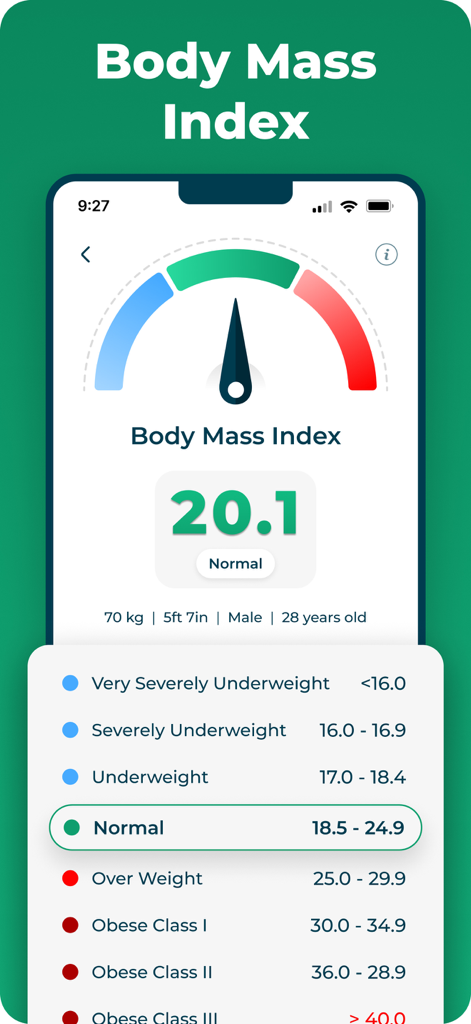 BMI, BMR & Body Fat Calculator - BMI calculator app screen displaying a normal result on a gauge meter with a body mass index range chart