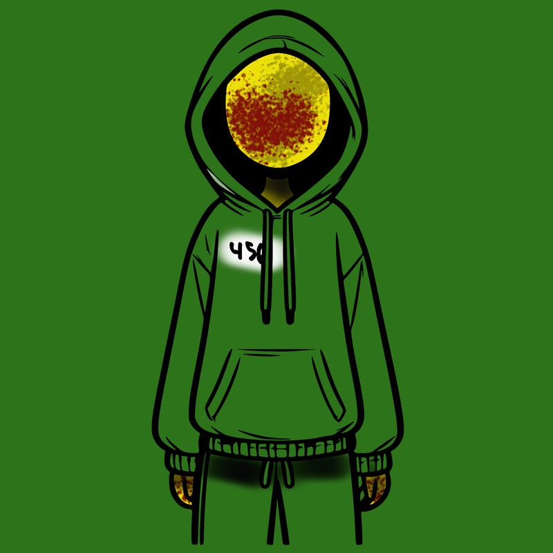 faceless girl in a tracksuit with a hood on and no hair