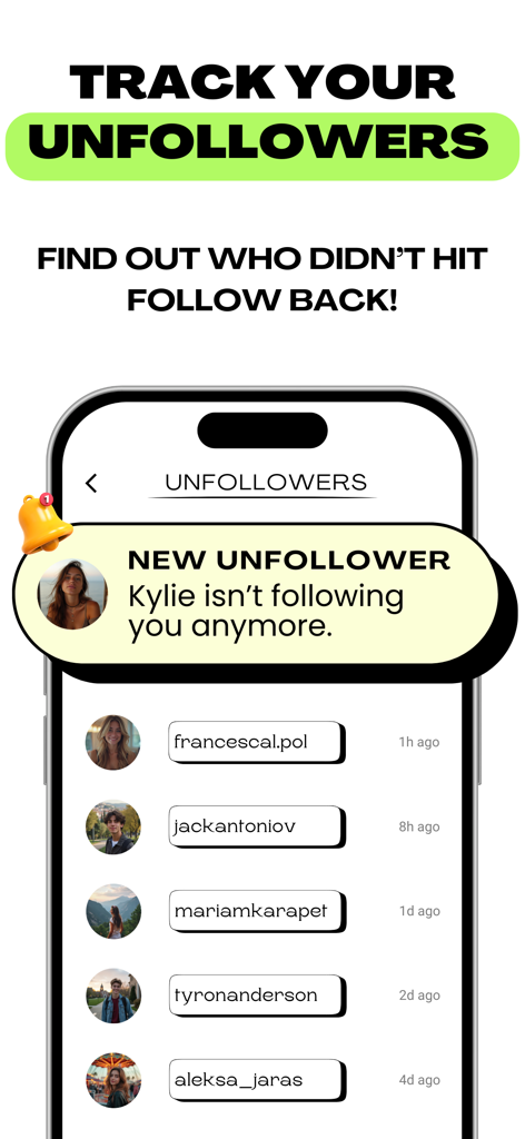 Report King Followers Tracker - A mobile interface for the Report King app displaying a list of Instagram unfollowers and a notification for a new unfollower.