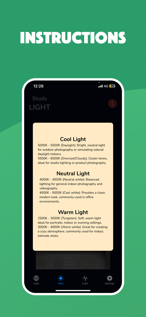 LUX Meter - Photo Light Meter - L'écran d'instructions de l'application LUX Meter montrant les plages Kelvin pour la lumière froide, neutre et chaude.