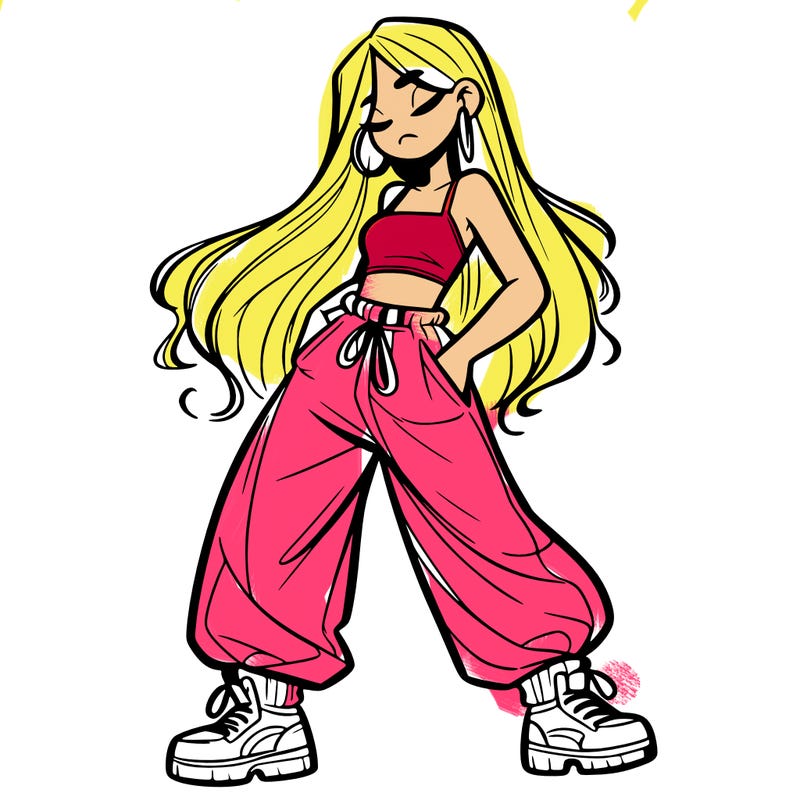 girl in baggy pants crop top and long hair