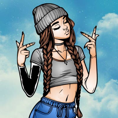 realistic teenage girl with braids and a beanie and crop top doing 🫶🏼