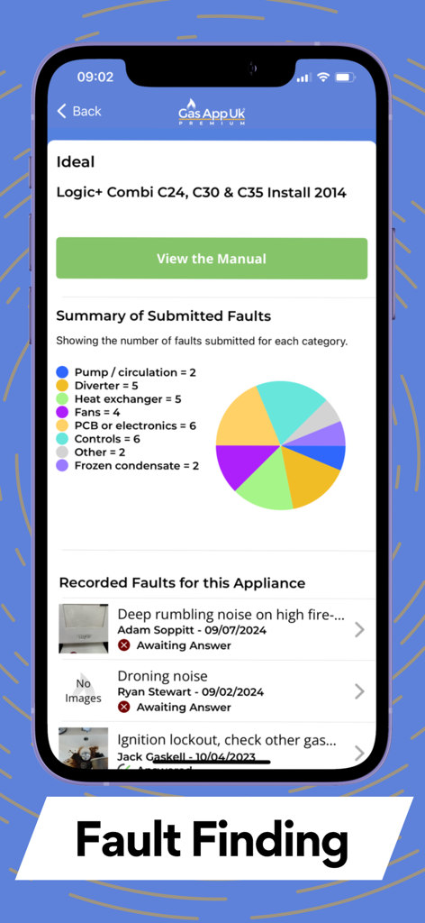 Gas App Uk fault finding dashboard showing boiler manuals and common issues summary