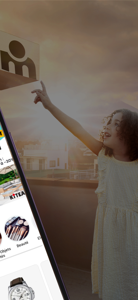 Marjane Mall mobile app interface showing shopping categories like beauty and fashion with a child in the background