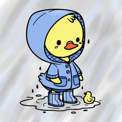 baby duck in a rain coat and boots, in a puddle while it’s raining