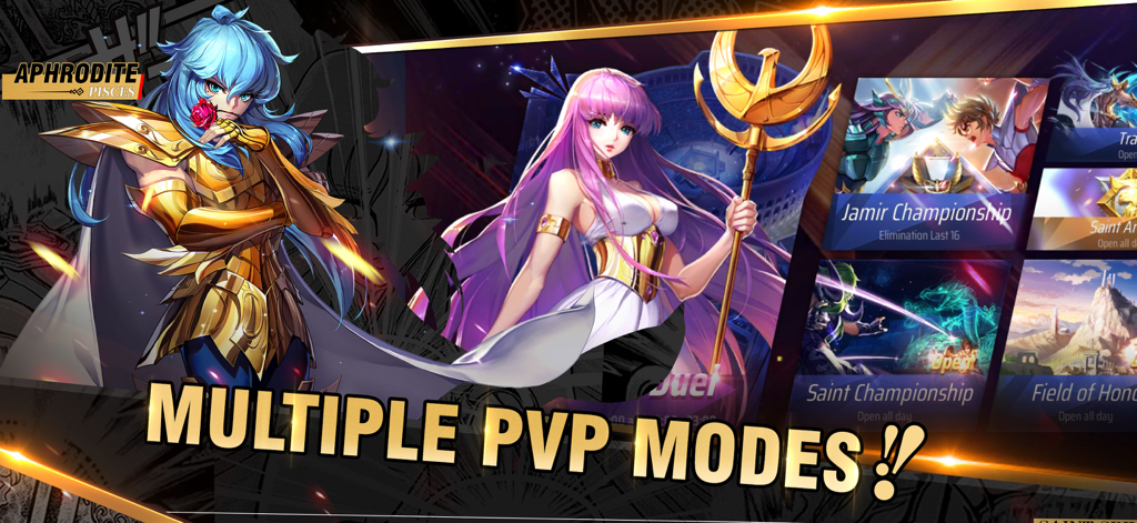 A screenshot showcasing various competitive PVP modes in Saint Seiya Awakening with characters Aphrodite and Athena