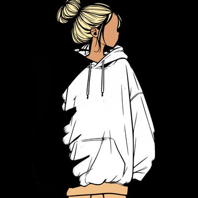 realistic girl with a oversized sweatshirt on and a bun