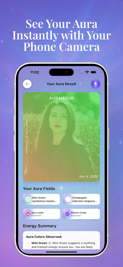 La aplicación Auramour muestra un análisis personal del aura con campos de energía coloridos