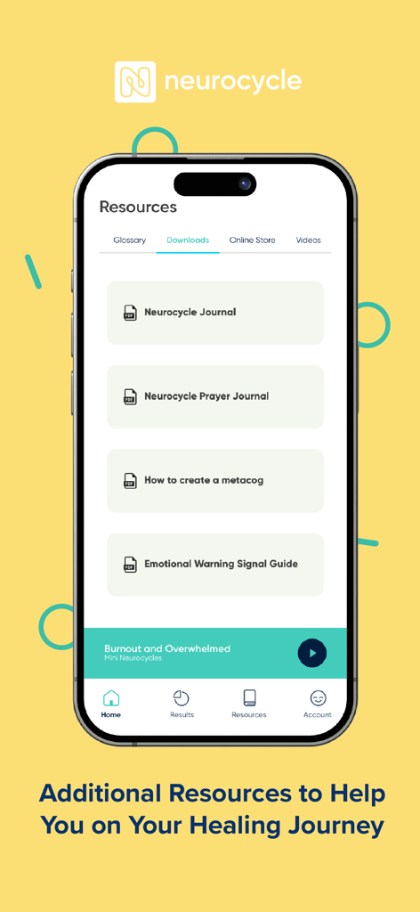 Neurocycle app interface displaying downloadable PDF resources like journals and emotional health guides