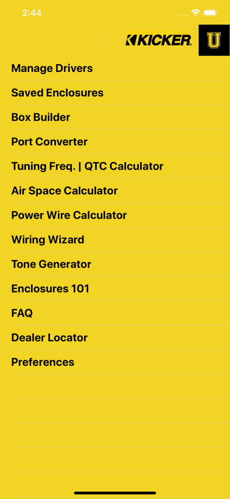 Kicker U - Kicker U mobile app main menu showing car audio installation tools and calculators