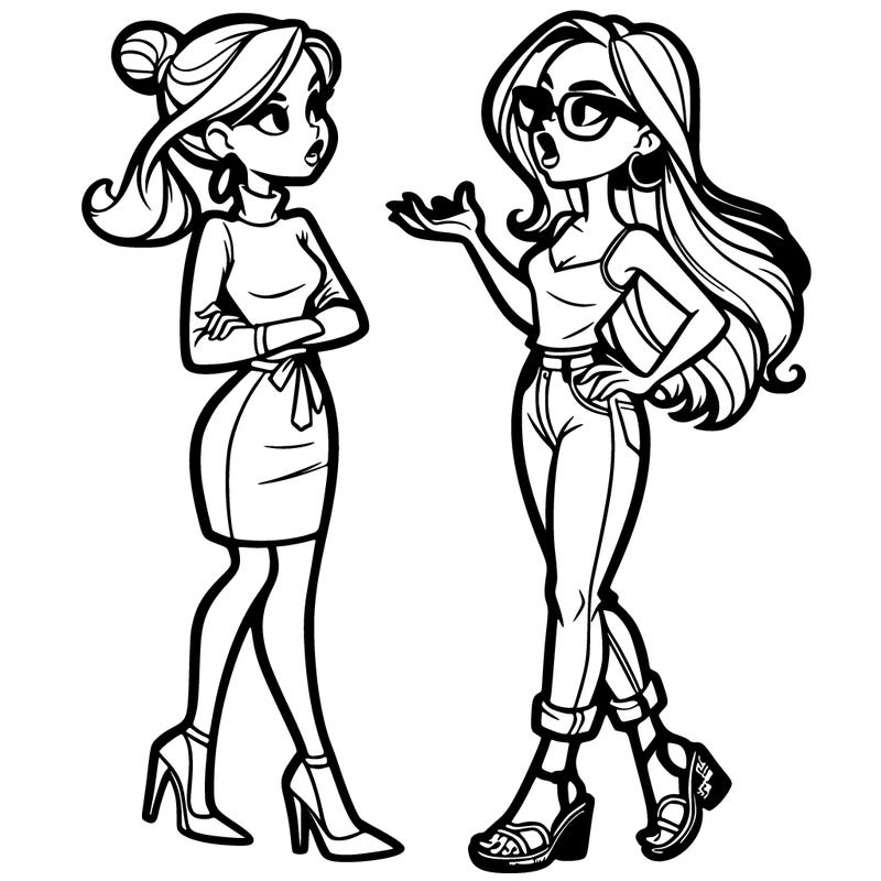 two adult girls arguing. one with her hair in a bun, a turtleneck, and a small skirt, and small heels. and the other girl with her hair down, a tank top, jeans, glasses, and sandal heels.
