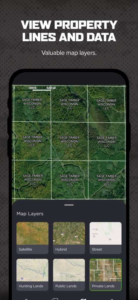COMMAND PRO - Command Pro app displaying property lines and map layers for hunting.