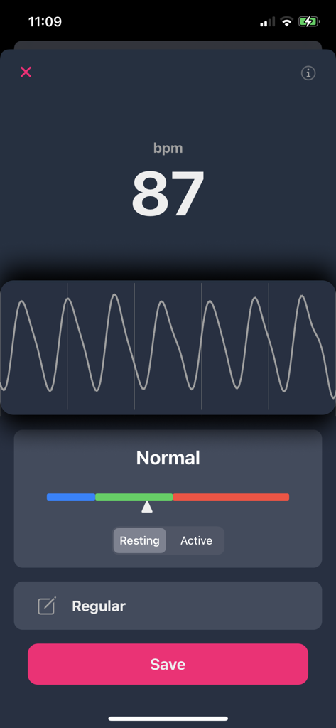 A mobile app screen showing a heart rate measurement of 87 bpm with a pulse graph and normal status indicator.