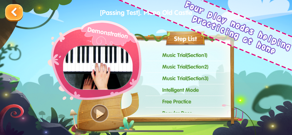 Oberfläche der The ONE Piano Sparring App, die Klavierübungs-Schritte und eine Videovorführung zeigt