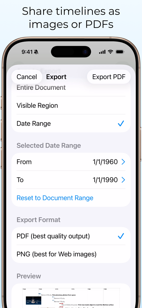 TimeStory: Timeline Maker - Export menu in the TimeStory app showing timeline sharing options as PDF or PNG with customizable date ranges.