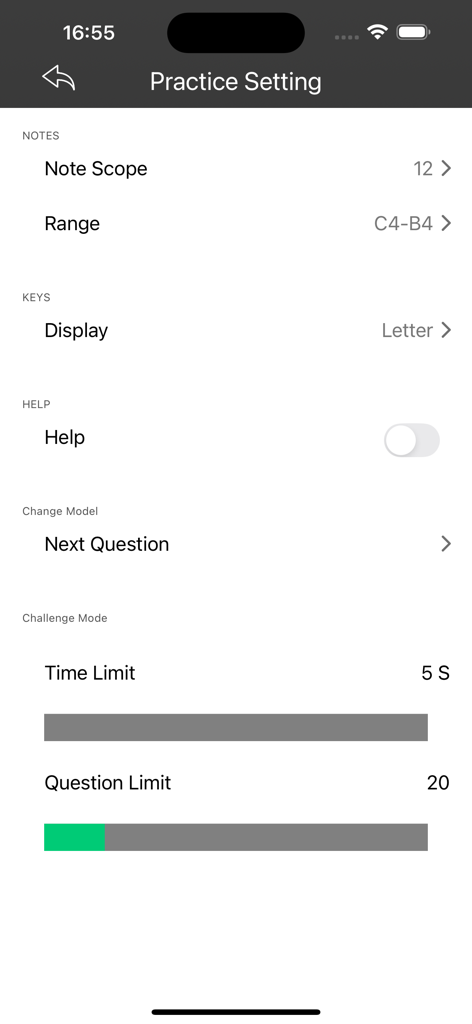 Vocal coach - Perfect Ear App - Pantalla de configuración de práctica en la aplicación Entrenador Vocal mostrando opciones de personalización para el rango de notas y el modo de desafío