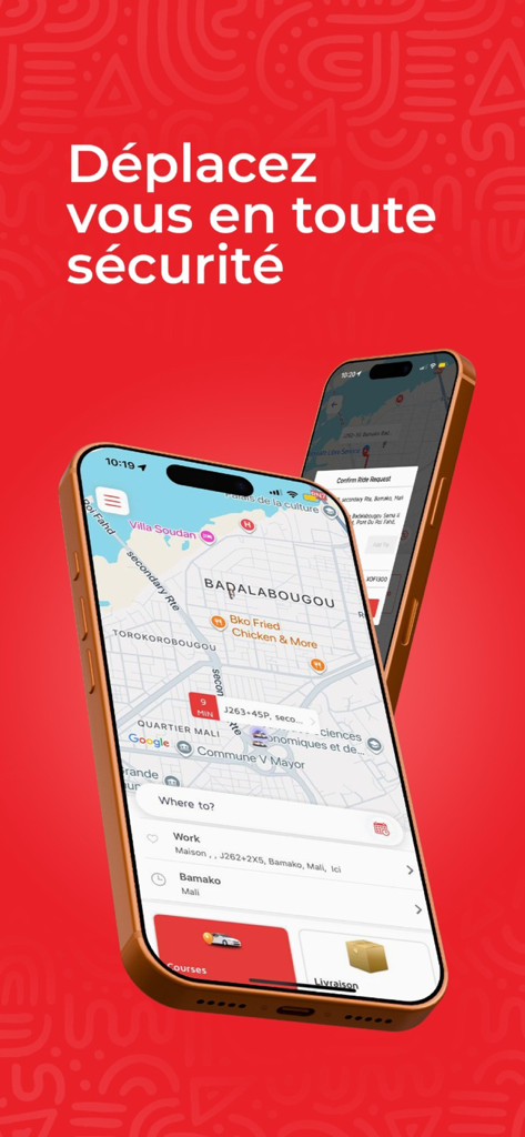 MOUV. - MOUV mobile app on two phones showing ride and delivery options with a map