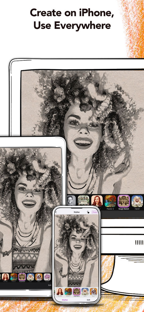 Die Graphite-App zeigt ein Bleistiftporträt auf iPhone, iPad und Mac.