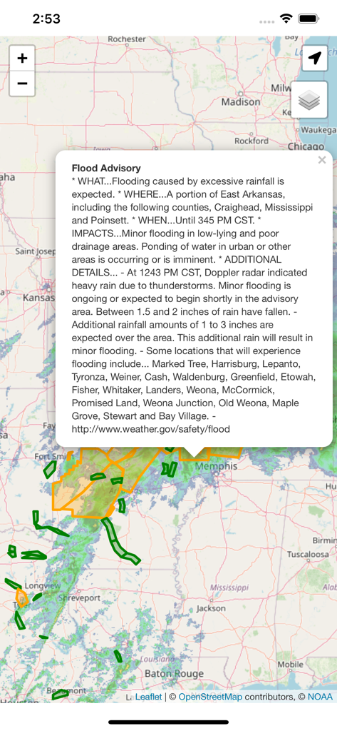 Tornado Tracker Radar Pro - Tornado Tracker Radar Pro app showing a detailed NWS flood advisory popup over a live doppler radar map