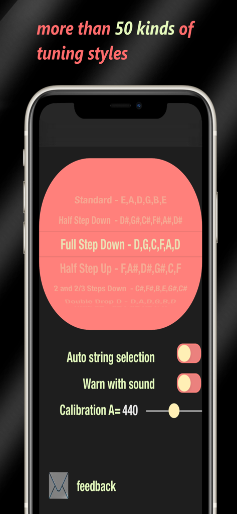 Pantalla de la aplicación Afinador de Guitarra mostrando múltiples estilos de afinación y ajustes de calibración