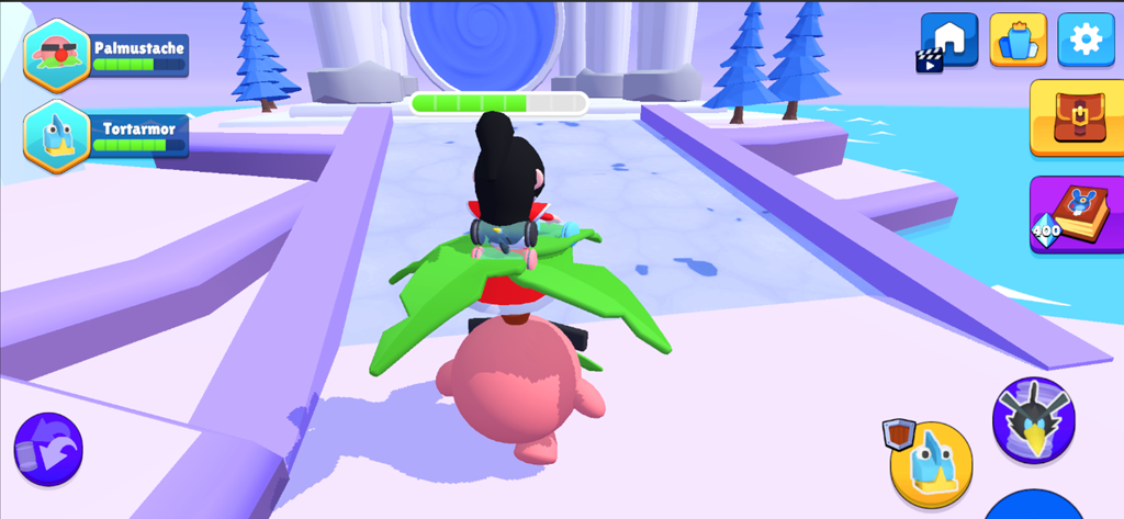 A character riding a pink creature through a snowy landscape towards a portal in Toonsters Crossing Worlds.