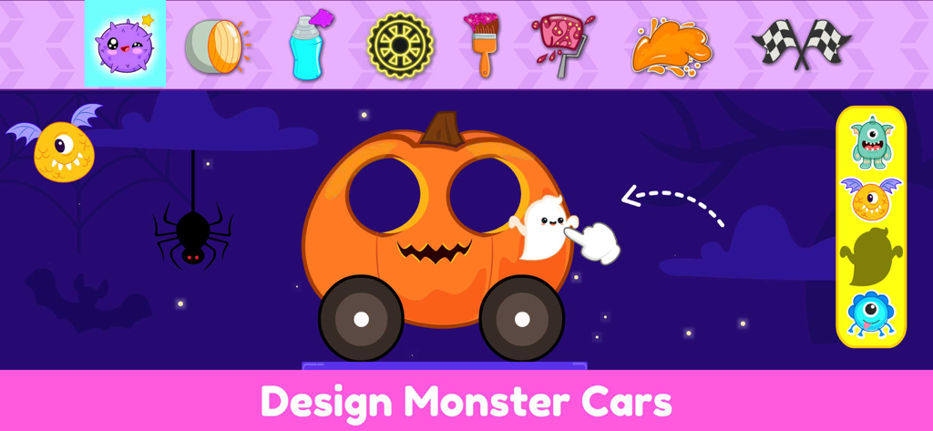 Interfaz de un juego para niños pequeños para diseñar un coche monstruo personalizado usando una base de calabaza y pegatinas de fantasmas.
